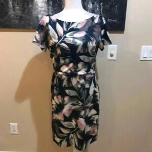 London Times Floral Black, Pink. Cream Short Sleeved Zipper Back Dress-Size 10